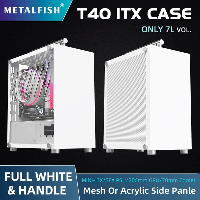 هيكل كمبيوتر ألعاب METALFISH T40 Mini ITX بسعة 7 لتر وهيكل شفاف مدمج يدعم وحدة إمداد الطاقة SFX/مبرد 70 مم مع مقبض