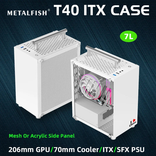 METALFISH T40 Mini ITX Case 7L Gaming Computer White Chassis Compact Transpare PC Support SFX PSU/70mm Cooler With Handle