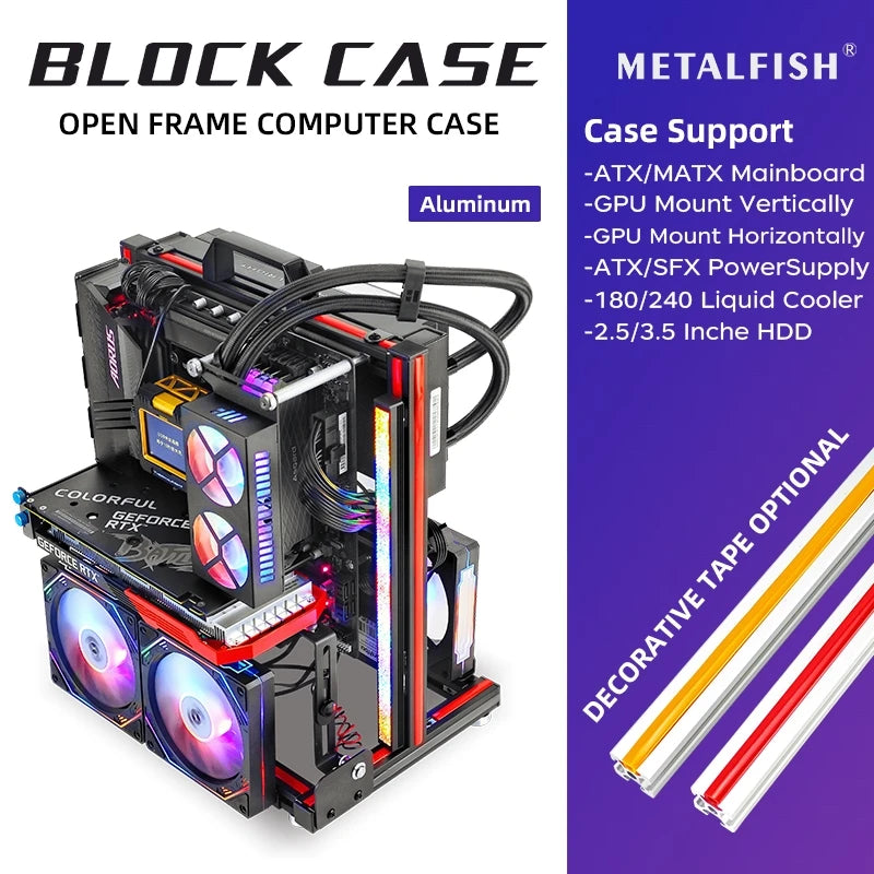 METALFISH BlockCase Aluminum Open Frame Case Support ATX/M-ATX Mainboard GPU Mount Horizontally 240 Liquid Cooler Gaming Cabinet