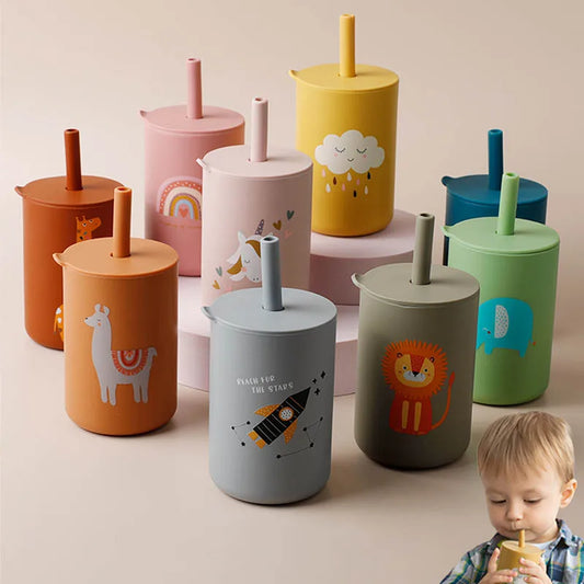 TYRY.HU 1Pc Baby Feeding Straw Cup Baby Cartoon Learning Feeding Cup Food Grade Silicone Toddler Water Bottle Tableware BPA Free