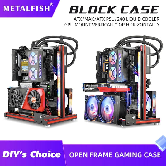 METALFISH BlockCase Aluminum Open Frame Case Support ATX/M-ATX Mainboard GPU Mount Horizontally 240 Liquid Cooler Gaming Cabinet