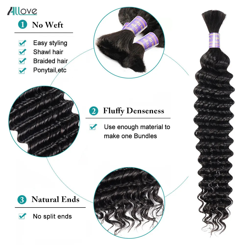 Allove Bulk Human Hair Deep Wave Human Hair For Braiding 100% Unprocessed No Weft Human Hair Bulk Extensions Brazilian Remy Hair