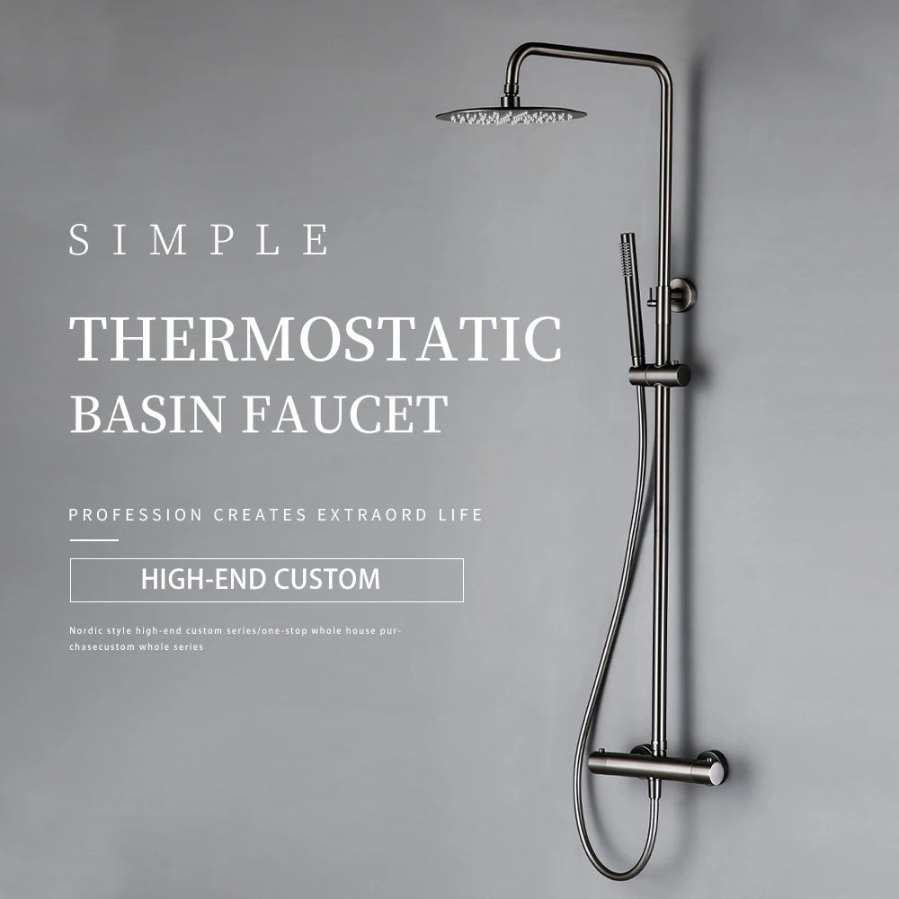 Wall-Mounted Thermostatic Valve System Bagnolux Brushed Gray Brass Rain Faucet  8 - 12" Top Spray Head Bathroom Shower Set