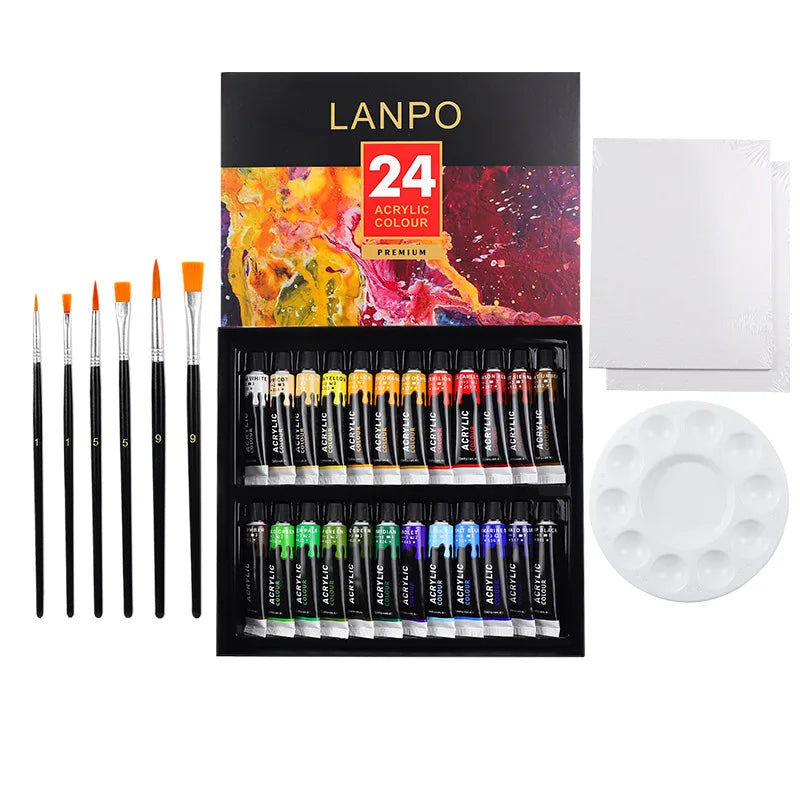 Acrylic Paints Set 12/24 Colors Professional Brush Set 12ml Tubes Artist Drawing Painting Pigment Hand Painted Wall Paint DIY