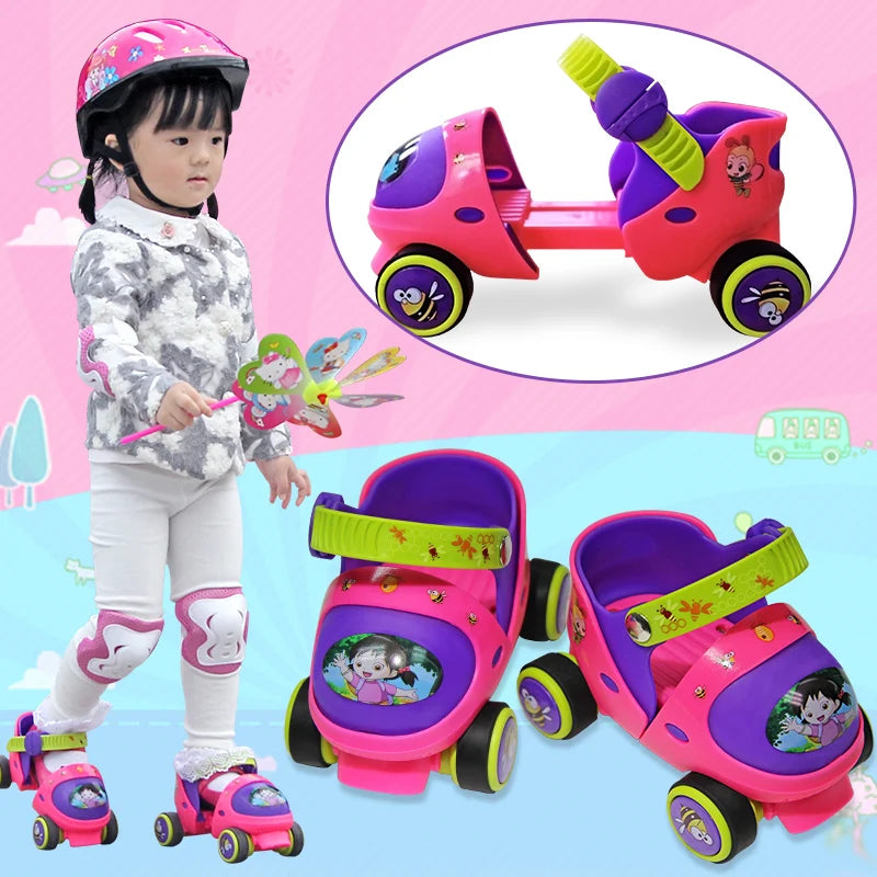 Adjustable Children Roller Skates With Safety Off Button Resistance Material Double Row 4 Wheels Skating Shoes