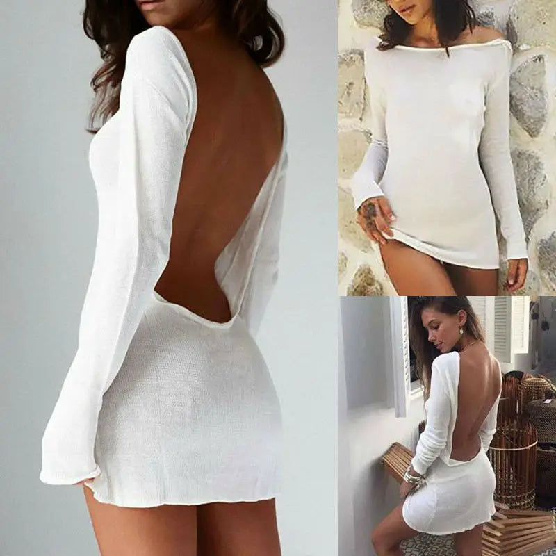 Sexy Backless White Evening Party Dress Women Elegant Long Sleeve Solid Color Loose Club Holiday Casual Mini Dress