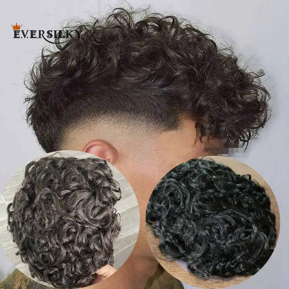 Full Skin Base 20mm Curly Human Hair Men's Toupee Durable Prosthesis System Black/Brown Hair Piece 130 Density Natural Frontline