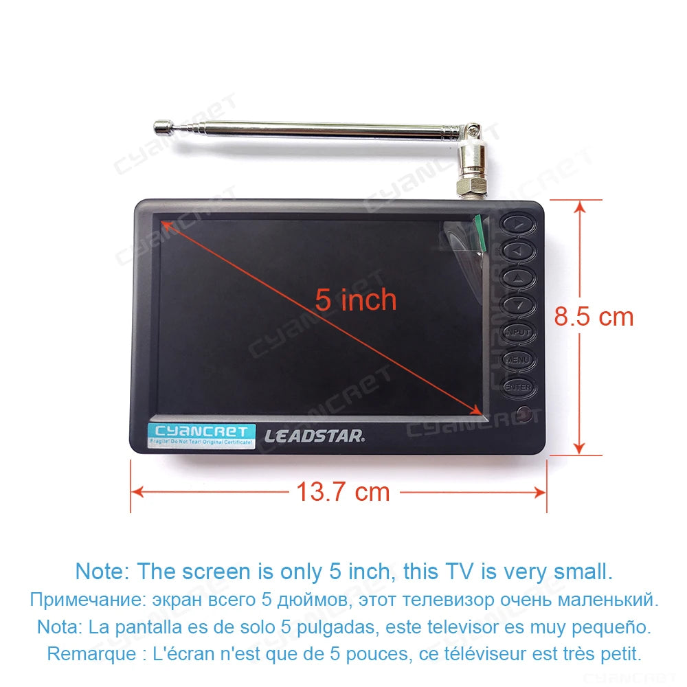 تلفزيون جيب LEADSTAR D5 مقاس 5 بوصات DVB-T2 ATSC ISDB-T TDT رقمي وتناظري صغير للسيارة يدعم USB TF AC3