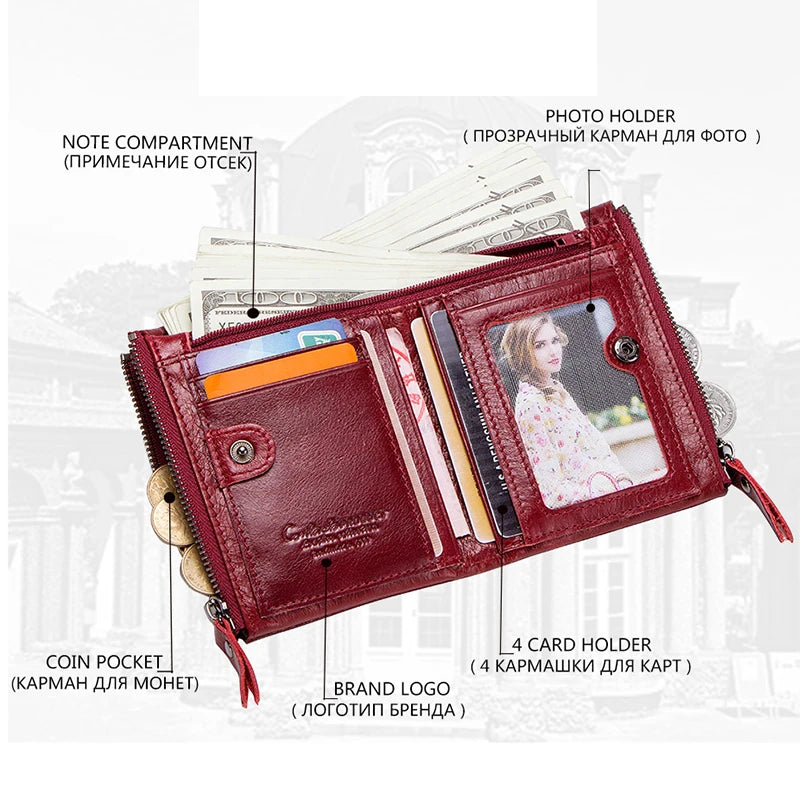 Fashion Genuine Leather Women Wallet Bi-fold Wallets Red ID Card Holder Coin Purse With Double Zipper Small Women's Purse 2022