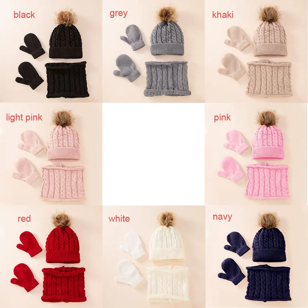 3pcs/set Kids Winter Hat Scarf Mittens Set Toddler Knitted Girls Children Neck Warmer Boys Warm Gloves 0-36 Months