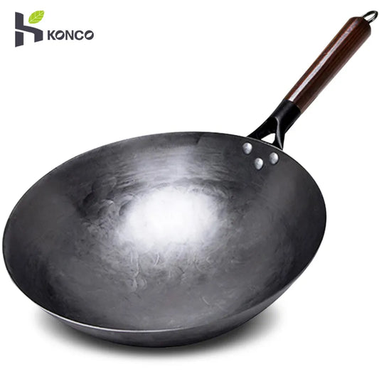 Konco Household Iron Wok,Hand Forging Iron Pan Wooden Handle Pure Iron No Coating Non-stick Wok Pot Gas Cooker