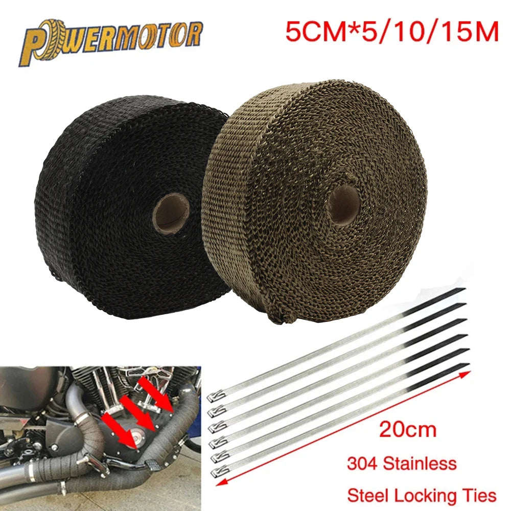 Motorcycle Exhaust Wrap Muffler Thermal Tape Heat Shield Insulation Systems with Stainless Ties 5cm*5M/10M Moto Accessories