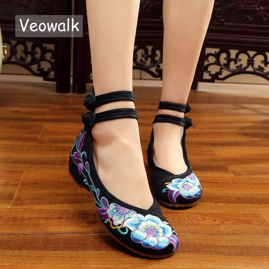 Veowalk Vintage Women Cotton Flower Embroidery Shoes Ladies Casual Chinese Style Comfortable Soft Canvas Dance Ballets Ballerina