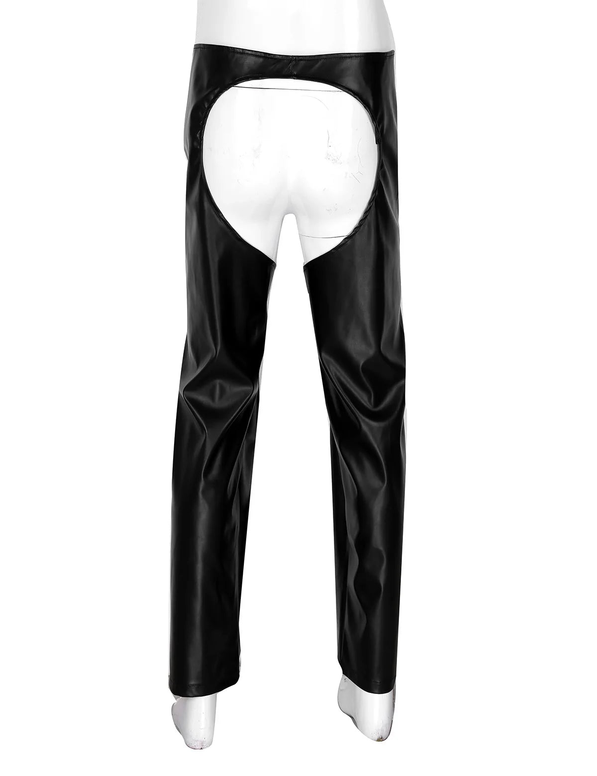 Men's Adult Wild West Cowboy Crotchless Costume Loose Motorcycle Faux Leather Chaps Long Pants Hollow Out Clubwear Rave Party