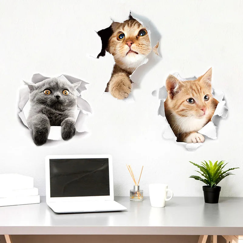 Cats 3D Wall Sticker Toilet Stickers Hole View Vivid Dogs Bathroom For Home Decoration Animals Vinyl Decals Art Wallpaper Poster