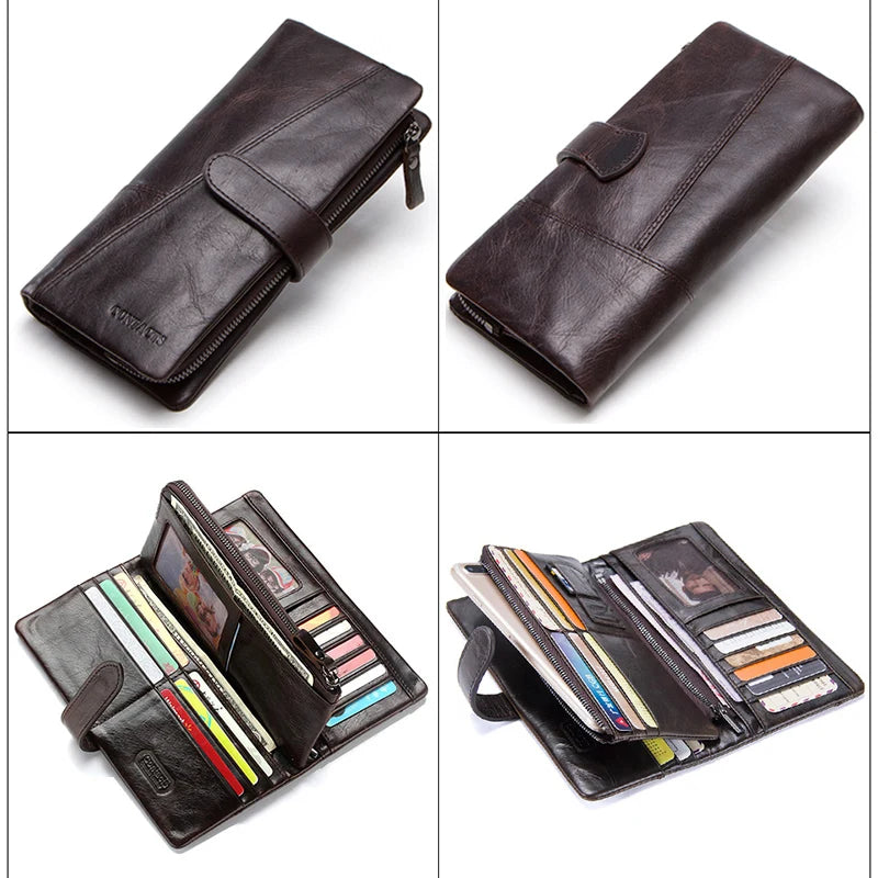 CONTACT'S Genuine Crazy Horse Cowhide Leather Men Wallets Fashion Purse With Card Holder Vintage Long Wallet Clutch Wrist Bag