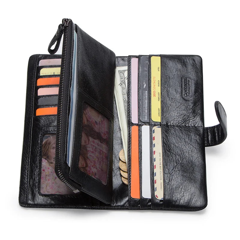 CONTACT'S Genuine Leather Men's Long Wallet With Phone Bag Zipper Coin Pocket Purse Male Clutch Wallets For Men Portfel Small