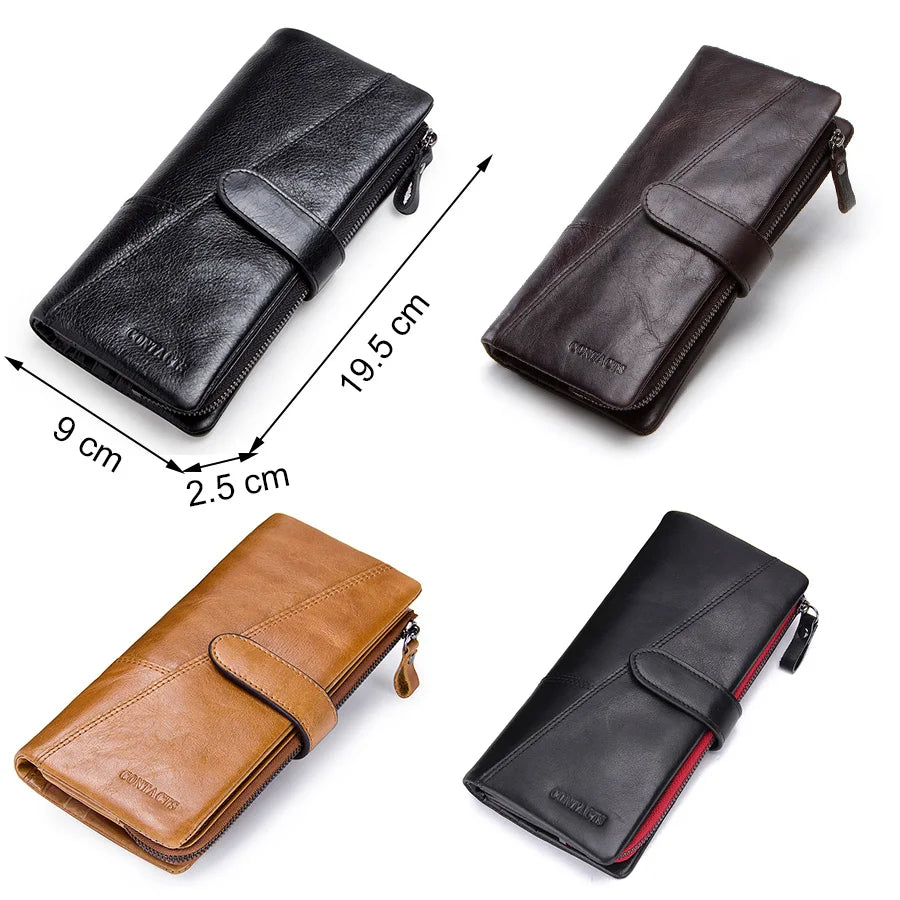 CONTACT'S Genuine Leather Men's Long Wallet With Phone Bag Zipper Coin Pocket Purse Male Clutch Wallets For Men Portfel Small