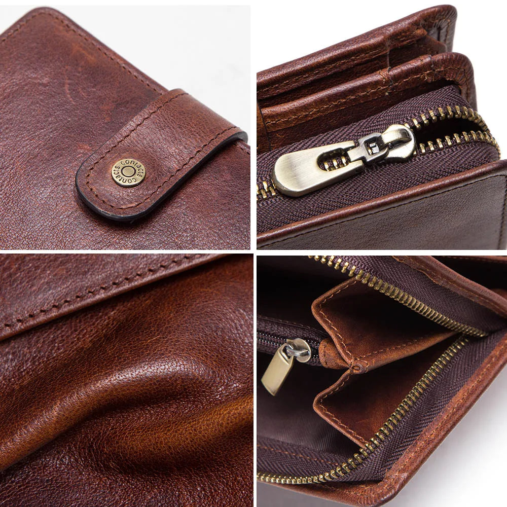 CONTACT'S Genuine Leather RFID Vintage Wallet Men With Coin Pocket Short Wallets Small Zipper Walet With Card Holders Man Purse