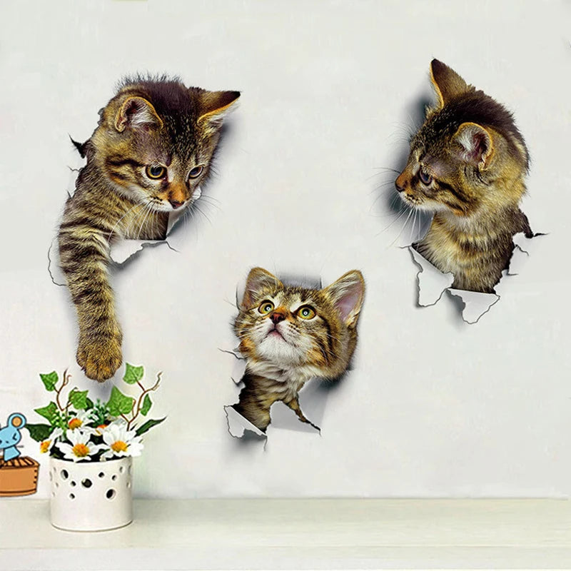 Cats 3D Wall Sticker Toilet Stickers Hole View Vivid Dogs Bathroom For Home Decoration Animals Vinyl Decals Art Wallpaper Poster