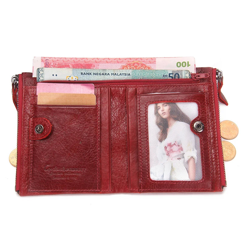 Fashion Genuine Leather Women Wallet Bi-fold Wallets Red ID Card Holder Coin Purse With Double Zipper Small Women's Purse 2022