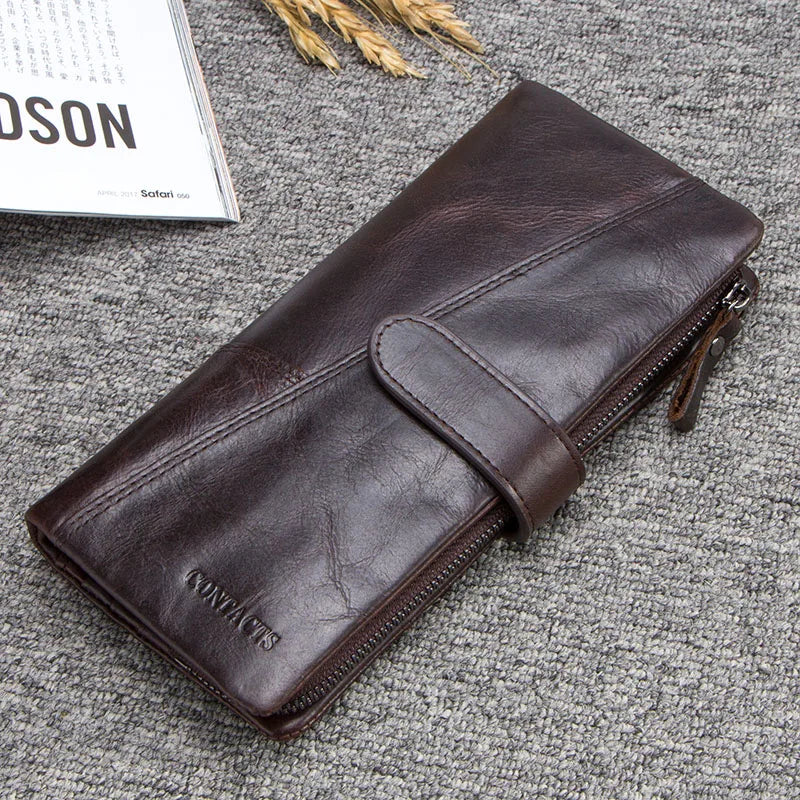 CONTACT'S Genuine Crazy Horse Cowhide Leather Men Wallets Fashion Purse With Card Holder Vintage Long Wallet Clutch Wrist Bag