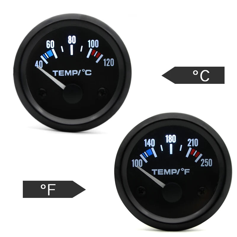 مقياس درجة حرارة الماء للسيارة من Dragon Gauge مقاس 2 بوصة 52 مم 40~120 درجة مئوية / 100~250 درجة فهرنهايت 12 فولت أداة قياس السيارة بإطار أسود