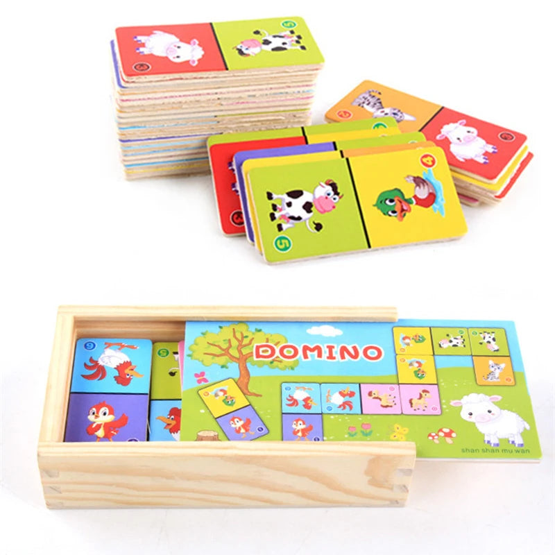 Montessori Wooden Domino Building Blocks Set Early Educational Toys Kids Cognitive Animal Solitaire Dominoes Puzzle Toy Children