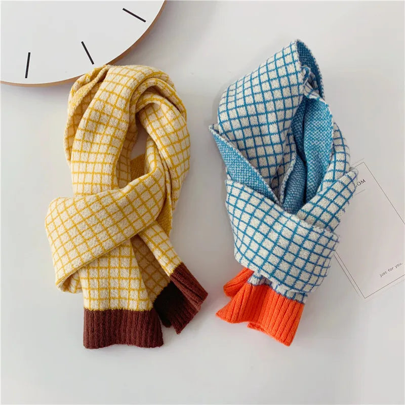 Cheap Kids Boys Girls Scarf Winter Warm Patchwork Plaid Knitted Long Scarf Children Scarves 2-10 years old