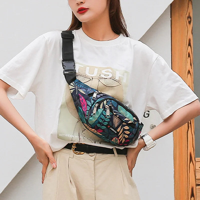 2022 HOT Leaf Printed Female Waist Bags Large Capacity Fanny Pack Men's Belt Bag  Women Fashion Casual Canvas Travel Banana Bags