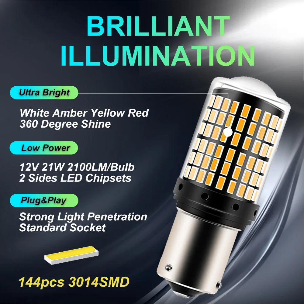 2 قطعة من مصابيح LED الوامضة للسيارة من نوع canbus py21w 5W P21w bau15s 1156 BA15S T20 W21/5W 3157 1157 لمبة 144SMD مجموعة مصابيح الإشارة