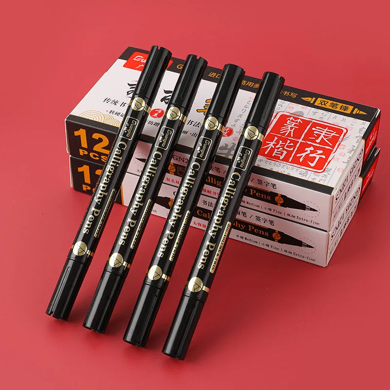 3 pcs/lot Double head Hand Lettering Pens Chinese Calligraphy Brush Pens Set Art Markers Black Ink  4 Size for Beginners Writing