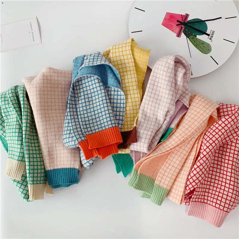 Cheap Kids Boys Girls Scarf Winter Warm Patchwork Plaid Knitted Long Scarf Children Scarves 2-10 years old