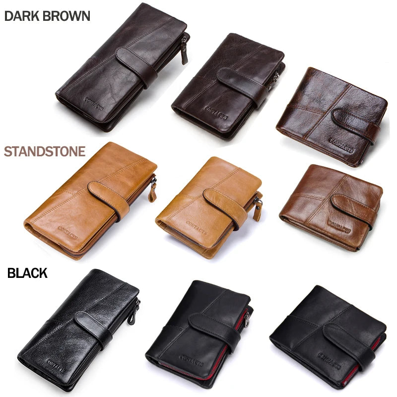 CONTACT'S Genuine Crazy Horse Cowhide Leather Men Wallets Fashion Purse With Card Holder Vintage Long Wallet Clutch Wrist Bag