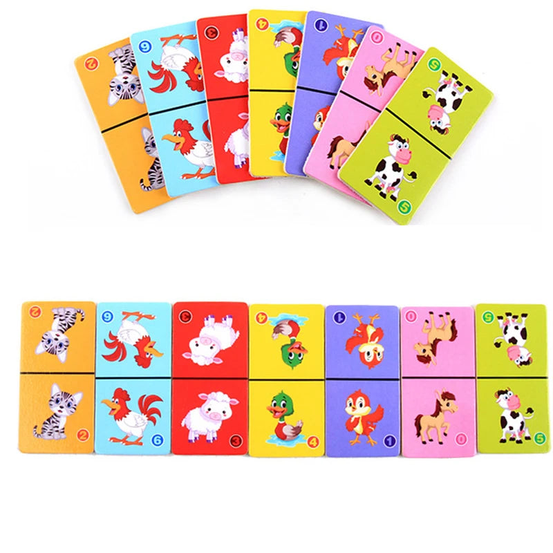 Montessori Wooden Domino Building Blocks Set Early Educational Toys Kids Cognitive Animal Solitaire Dominoes Puzzle Toy Children