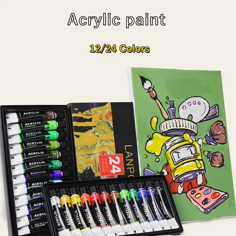 Acrylic Paints Set 12/24 Colors Professional Brush Set 12ml Tubes Artist Drawing Painting Pigment Hand Painted Wall Paint DIY