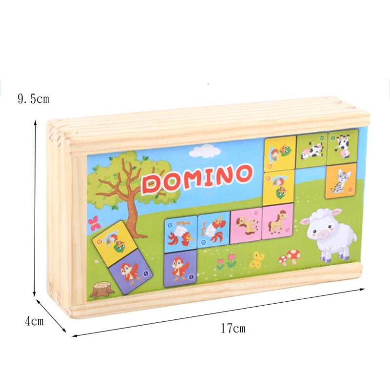 Montessori Wooden Domino Building Blocks Set Early Educational Toys Kids Cognitive Animal Solitaire Dominoes Puzzle Toy Children