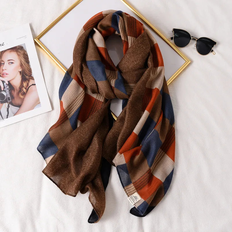 Plaid Scarf For Women Summer Sun Protection Spring Autumn Fashion Shawl Thin Cotton Linen Silk Scarf Big Size 180*90cm