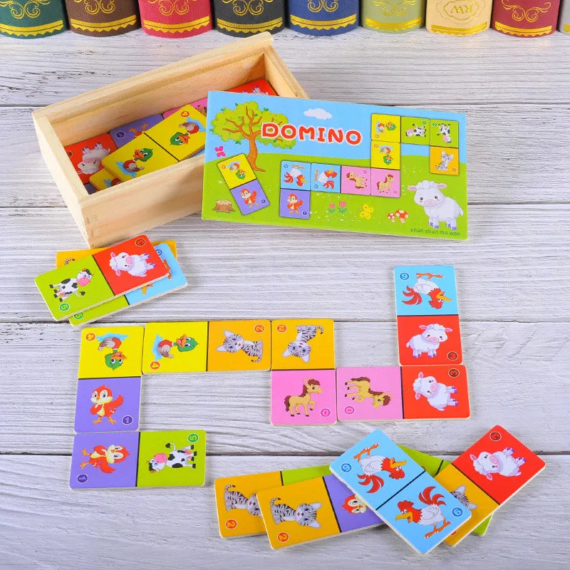 Montessori Wooden Domino Building Blocks Set Early Educational Toys Kids Cognitive Animal Solitaire Dominoes Puzzle Toy Children