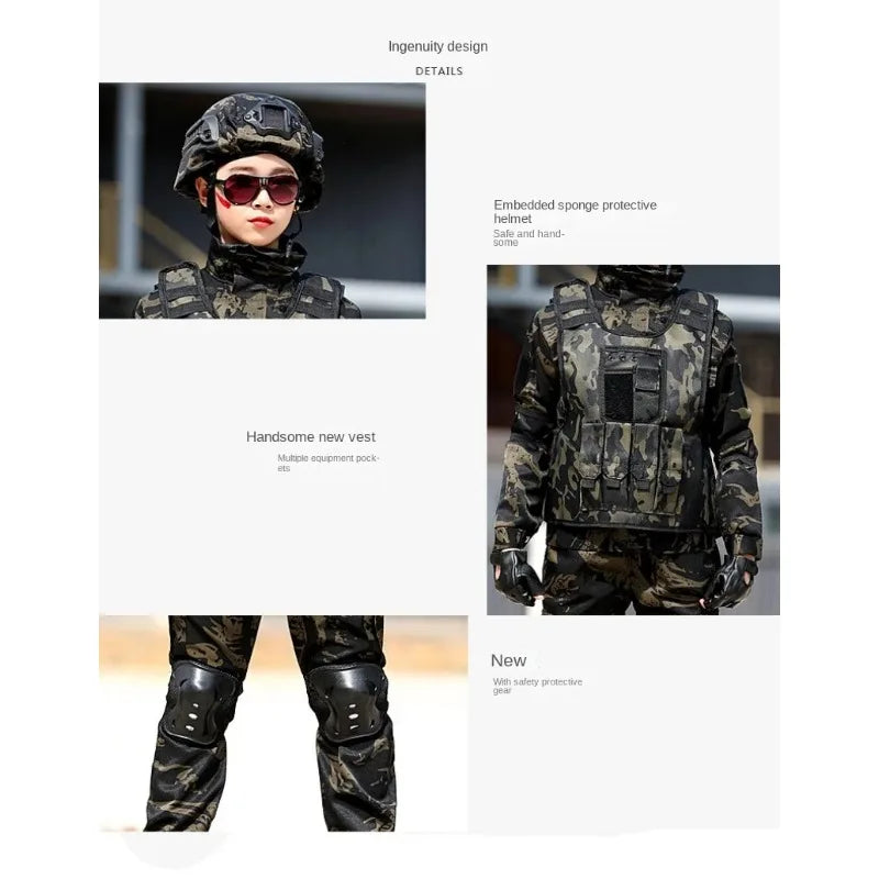 New Tactical Military Uniform for Children's Day Camouflag Disguise Adult Halloween Costume for Kid Girl Scout Boy Soldier Suit