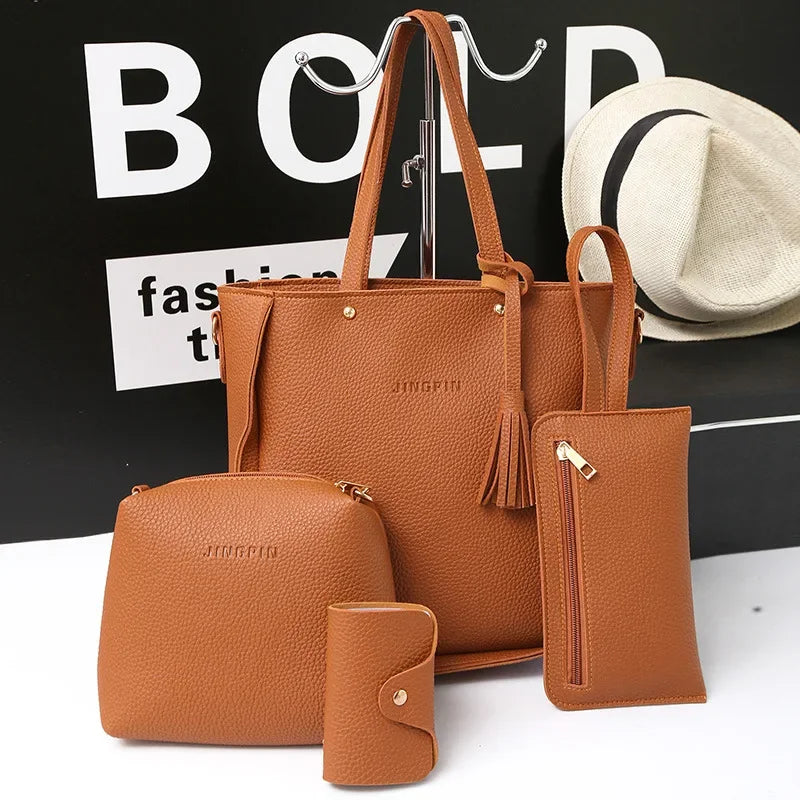 New 2023 New Large Capacity Lychee Pattern Handbags Women's European and American Retro Fashion Tassel Four-Piece Women's Bag