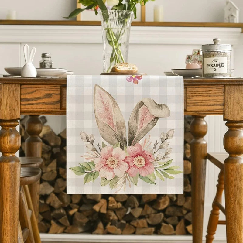 2024 Easter Rabbit Table Runner Linen Bunny Dining Table Cloth Placemat Spring Holiday Happy Easter Decoration For Home Kitchen