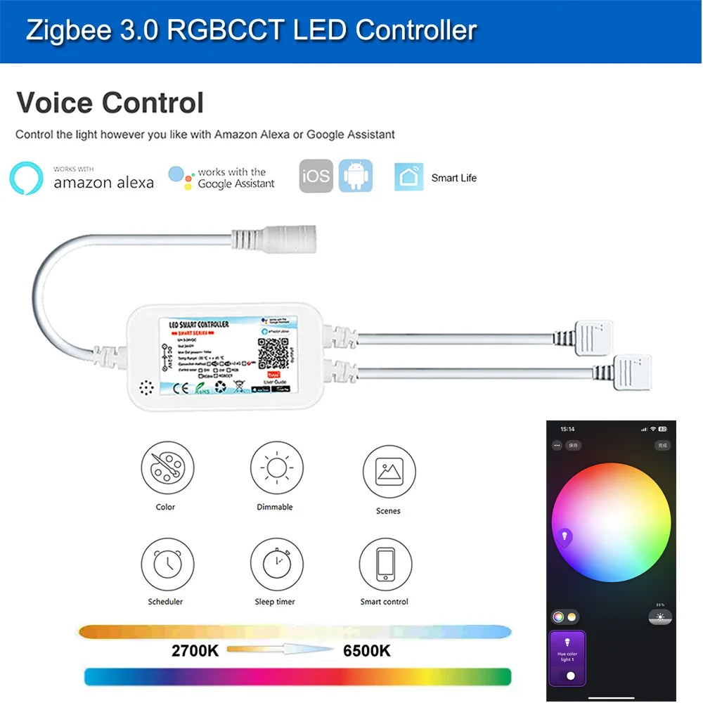 وحدة تحكم ذكية Zigbee 3.0 LED DC12V 24V 5050 3528 RGB/RGBWW/RGBCCT/COB شريط إضاءة LED باهت لـ 2MQTT/Tuya/Alexa/Google