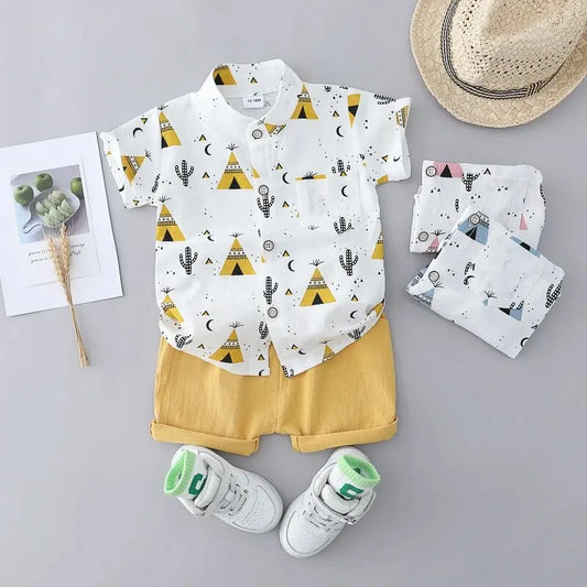 2PCS Children's Summer 100% Cotton Random Full Print Triangle Pattern Short Sleeved Stand up Collar Shirt and Shorts Set