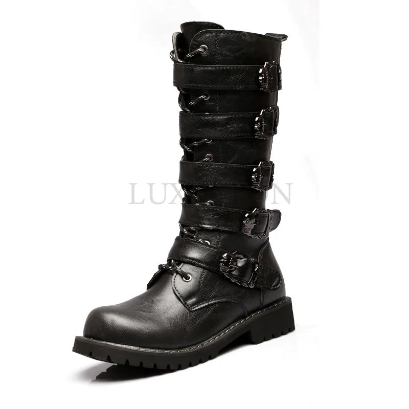 New Men's Leather Motorcycle Boots Military Boots Gothic Belt Punk Boots Men's Shoes Outdoor Tactical Military Boots