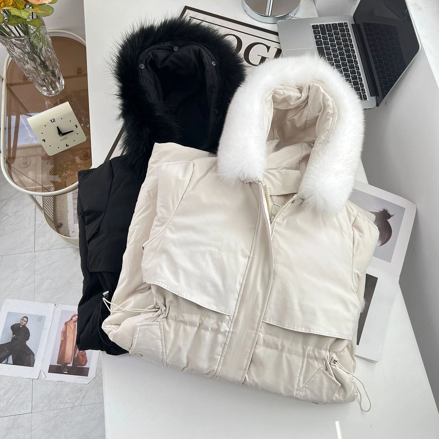 Winter Drawstring Waist Real Raccoon Fur Collar Hooded Down Jacket Plus Size Women's Long Warm Coat 1950