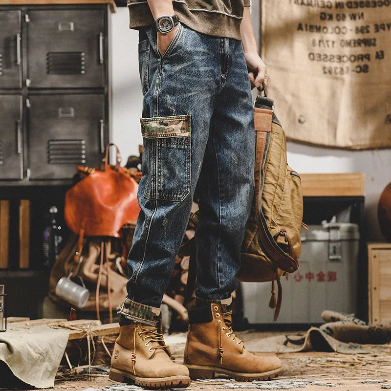 New Spring Autumn Vintage Big Pocket Male Fashion Denim Work Wear Cargo Casual Korean Hip-hop Baggy Jeans Men Overalls Trousers