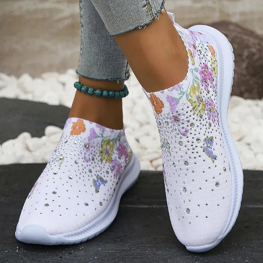 Women's Soft Printed Flats Autumn Breathable Knitted Platform Sneakers Woman Chinese Style Flowers Casual Shoes Plus Size 43