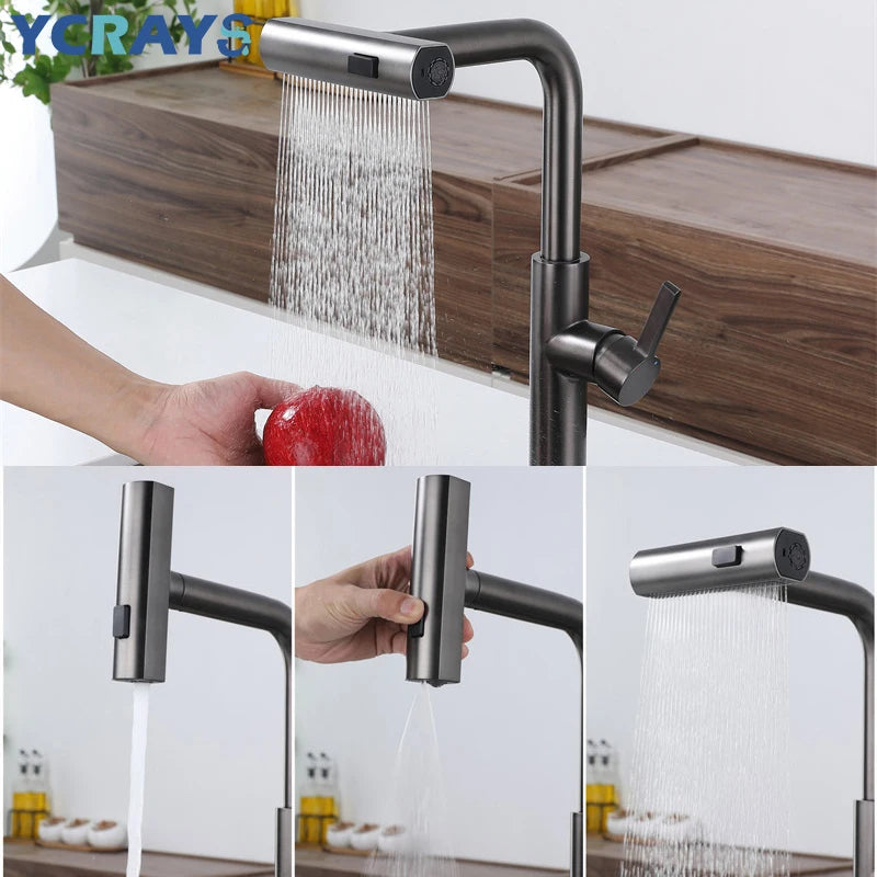 YCRAYS Black Kitchen Faucets Gray Pull Out Rotation Waterfall Stream Sprayer Head Sink Mixer Brushed Nickle Water Tap Accessorie