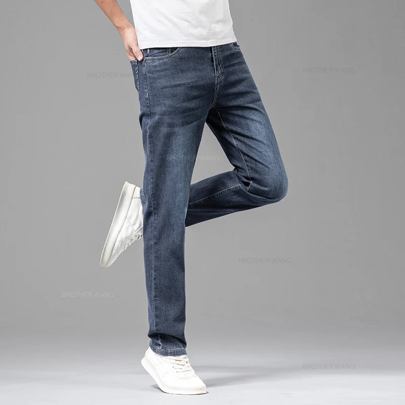 2024 Summer Thin Men's Elastic Cotton Jeans Fashion Gray Comfortable Business Straight Casual Pants High Quality Brand Trousers